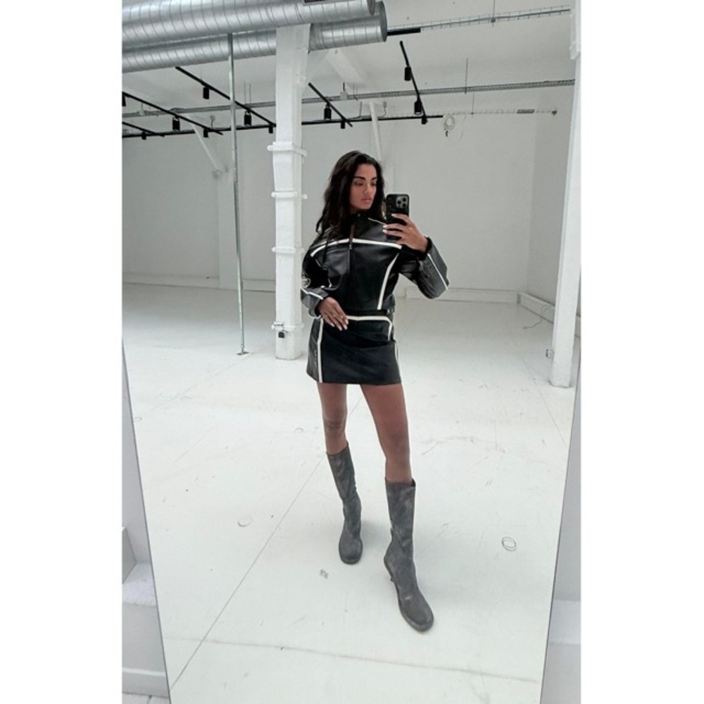 Saemdi Calix Black Biker Jacket Cropped Racing Moto Womens Medium Vegan Leather